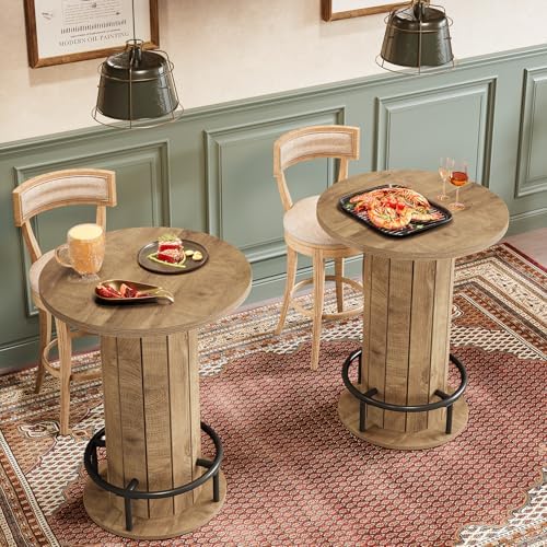 Tribesigns Small Round Dining Table, Bar Height Circle Kitchen Table with Footrest, for Small Spaces, Dining Room, Bar, Bistro, Pub, Brown (Only Table)
