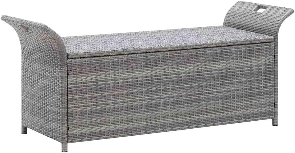 Poly Rattan Patio Storage Bench with Cushion, 54.3" Waterproof PE Outdoor Bench with Large Storage Space and Removable Polyester Cover, Gray