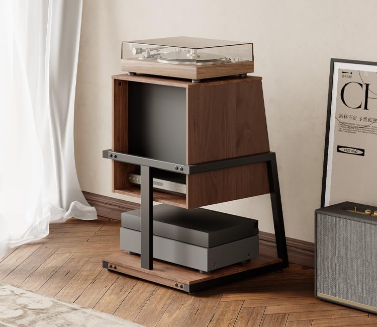 FITUEYES Record Player Stand with Storage for 120 Vinyl Records, Walnut | Vinyl Record Storage, Wooden Turntable Stand with Station, Small Entertainment Center for Living Room, Eiffel Series