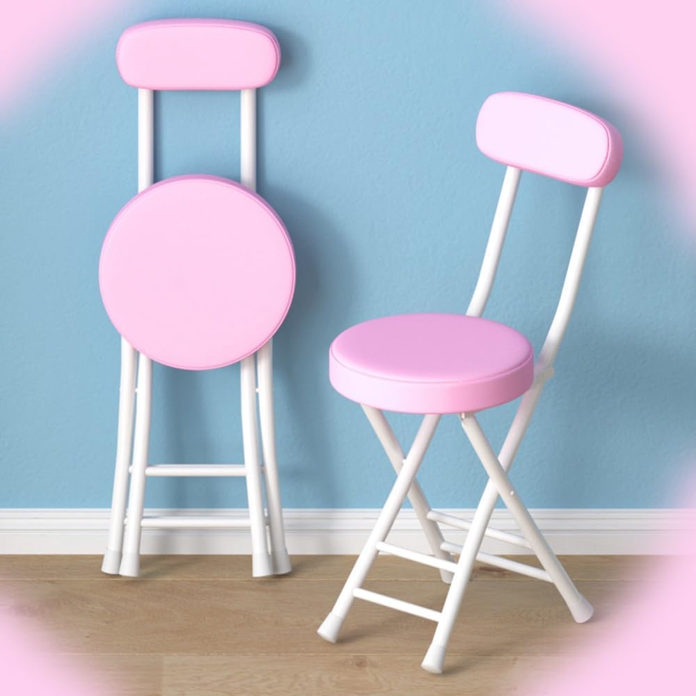 Foldable Bar Stool with Backrest, Portable Folding Chair for Kitchen, Breakfast Bar, Desk, Living Room - PU Padded Round Seat Cushion (Color : Pink)