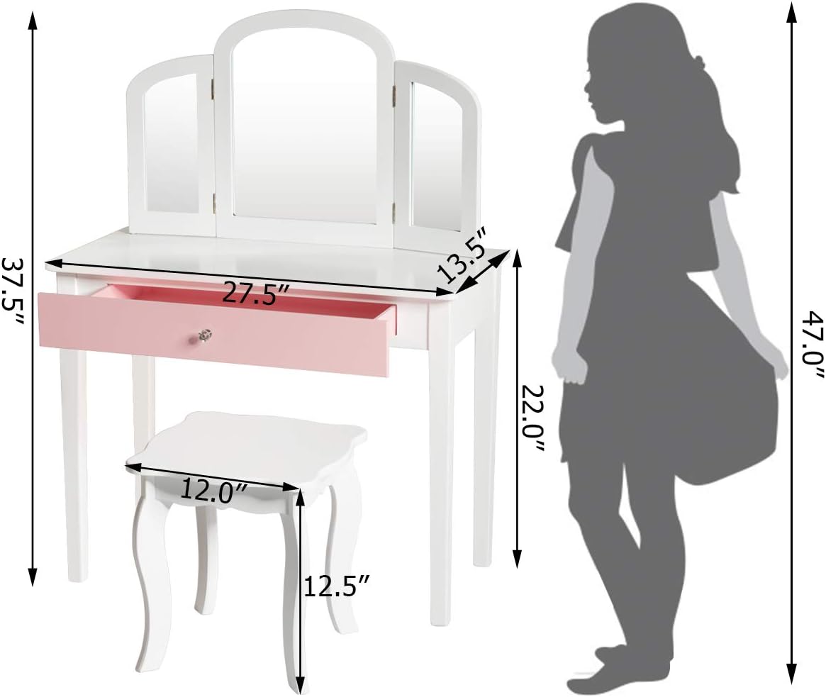 HONEY JOY Kids Vanity Set, Toddler Beauty Makeup Dressing Table w/Stool & Drawer, Tri-Fold Silver Mirror, Detachable Top, Wooden Princess Pretend Play Vanity Set for Little Girls (White)
