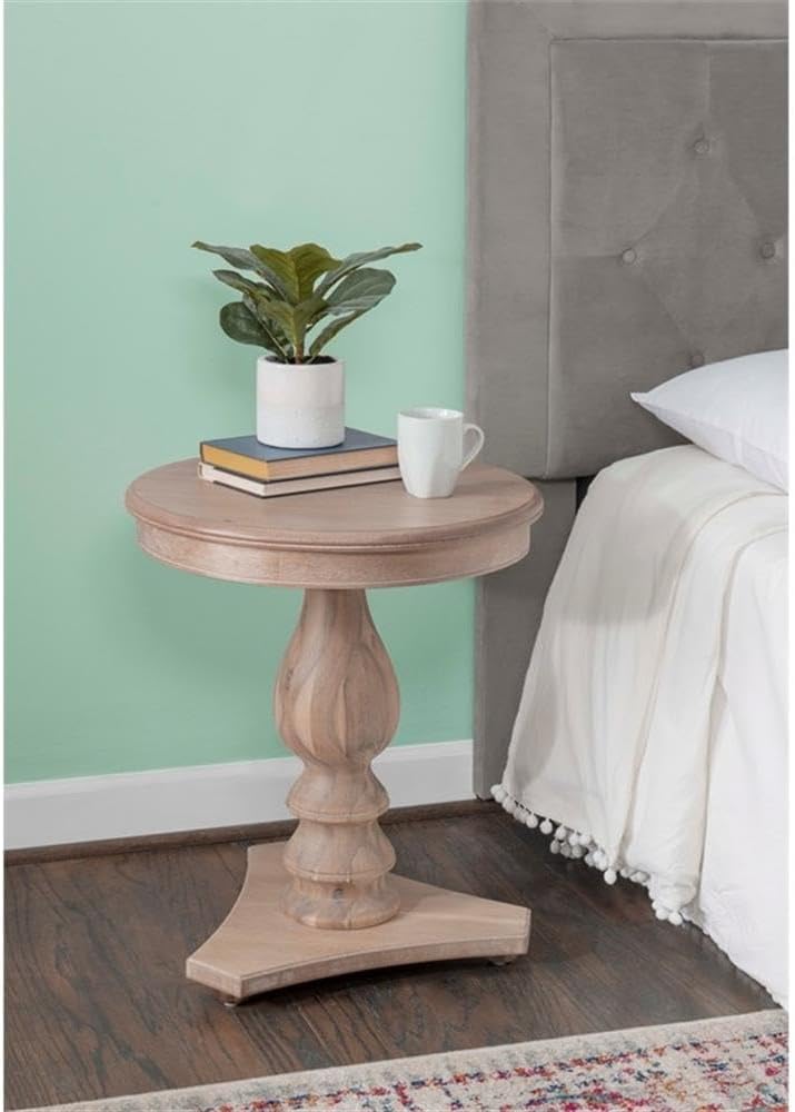 Pemberly Row Round Wood Side Table, 20" D x 24.5" H, Natural Brown Finish, Pedestal Base, Acacia/Rubberwood/MDF Construction, Accent Table for Living Room or Bedroom Use