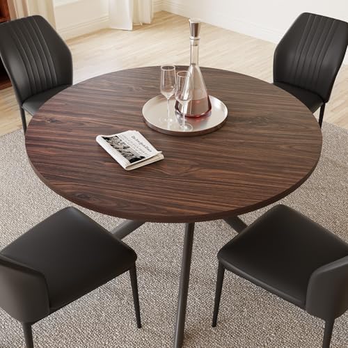 HIPIHOM 45.3'' Walnut Round Dining Table Set for 4, Mid Century Modern Small Coffee Set for Dining Room Kitchen Apartment (Dark Walnut Table + 4 Black Chairs)