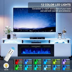 80" Fireplace TV Stand, 2-Tier LED Entertainment Center with 36" Fireplace, Fits TVs up to 90", Modern High Gloss TV Console with LED Lights & Storage Cabinets for Living Room, White + Black