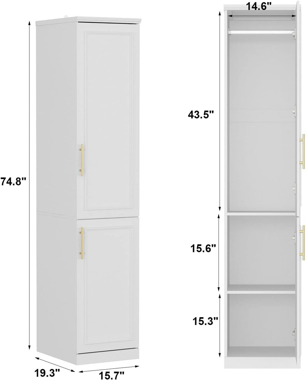 Slim Wardrobe Armoire with Clothing Rod and Storage Shelves, Narrow 2-Door Armoire Closet with Gold Handles, Shaker Style Tall Corner Clothing Cabinet, White 15.7" W x 19.3" D x 74.8" H