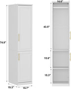 Slim Wardrobe Armoire with Clothing Rod and Storage Shelves, Narrow 2-Door Armoire Closet with Gold Handles, Shaker Style Tall Corner Clothing Cabinet, White 15.7" W x 19.3" D x 74.8" H