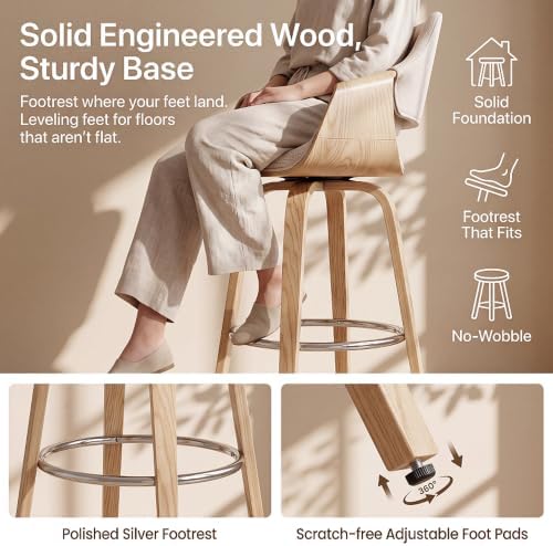 26'' Modern Barrel Swivel Counter Stools Counter Height Swivel Bar Stools with Backs Set of 4, Beige Chenille Upholstered Bar Height stools, Farmhouse Solid Wood Barstools for Kitchen Island, Home Bar