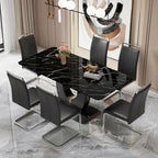 71" Modern Dining Table Set for 6, Black Faux Marble Dining Table with 6 Upholstered Chairs, Large Rectangle Kitchen Table Set, Tempered Glass Tabletop, U-Shaped Base, Ideal for Dining Room