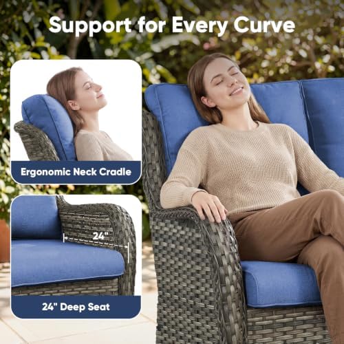 Belord Patio Sofa Luxury PE Wicker 3-Seater Outdoor Couch, Modern All-Weather High Back Deep Seat Woven Furniture Set for Porch, Deck, Balcony, Backyard - Grey/Blue