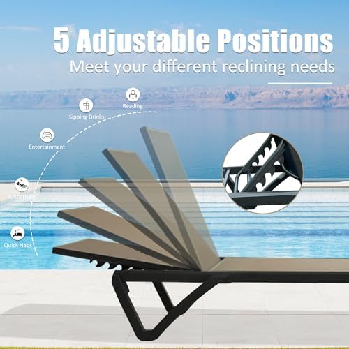 Domi Pool Lounge Chairs Set of 2, Aluminum Patio Chaise Lounge with Wheels, 5 Position Adjustable, All Weather Outdoor Lounge Chairs for Beach, Yard, Balcony, Poolside, Khaki
