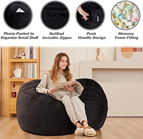 HABUTWAY Bean Bag Chair 3Ft Luxurious Velvet Ultra Soft Fur with High Rebound Memory Foam Bean Bag Chairs for Adults Plush Lazy Sofa with Fluffy Sponge 3' (Black New)