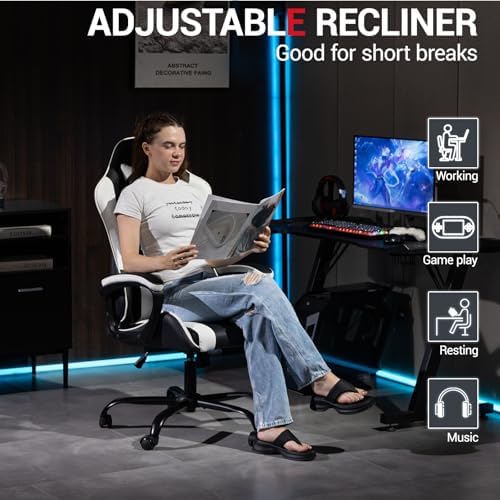 Gaming Chair PU Leather Massage PC Video Game Chair with Lumbar Support for Men Women, Home Office, Height Adjustable, Ergonomic, High Back, White