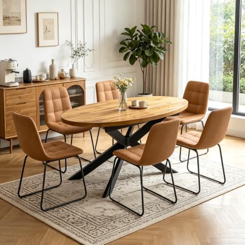 63"-78.7" Extendable Oval Dining Table Set for 6 | 7 Piece Large Round Walnut Table Set, 6 Brown Dining Chairs, Living Room, Kitchen, Space Saving, Mid Century Modern