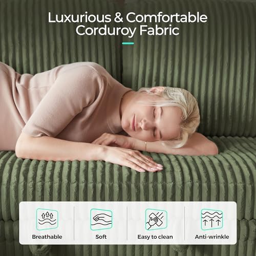 LINSY HOME Sectional Couches for Living Room, 81" L Shape 5 Seats, Green | Sleeper sofa with pull out couch bed, corduroy couch with storage