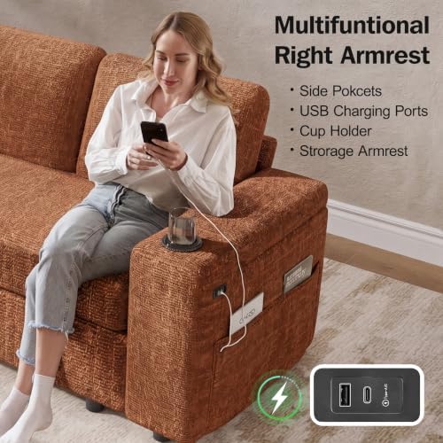 Vipbear 130" Modular Sectional Sleeper Sofa with Pull Out Bed, 9 Seat Chenille U Shaped Couch with Ottoman and Chaise|USB Ports|Cup Holders|Side Table, Tool Free Assembly, Orange