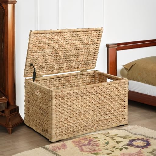 eHemco Water Hyacinth Wicker Storage Trunk, Natural, 30x17.5x17.5 Inches | Safety Hinge, Metal Frame, Decorative Blanket Chest & Storage Box, Farmhouse Woven Storage, For Living Room & Entryway