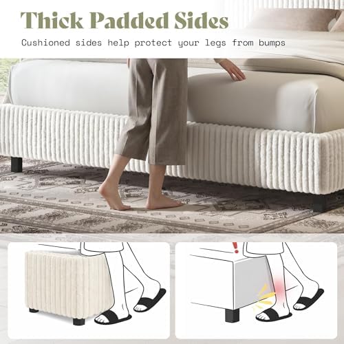 AMERLIFE Full Bed Frame, Upholstered Metal Platform Bed, Cream