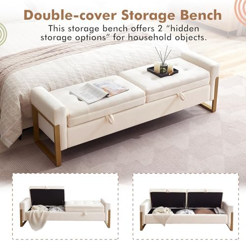 67" Storage Bench for Bedroom, End of Bed Bench King Size, Cream | Double Lids Storage Ottoman Bench with Golden Legs, Upholstered Velvet Bench for Foot of Bed Window Living Room Entryway