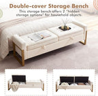 67" Storage Bench for Bedroom, End of Bed Bench King Size, Cream | Double Lids Storage Ottoman Bench with Golden Legs, Upholstered Velvet Bench for Foot of Bed Window Living Room Entryway