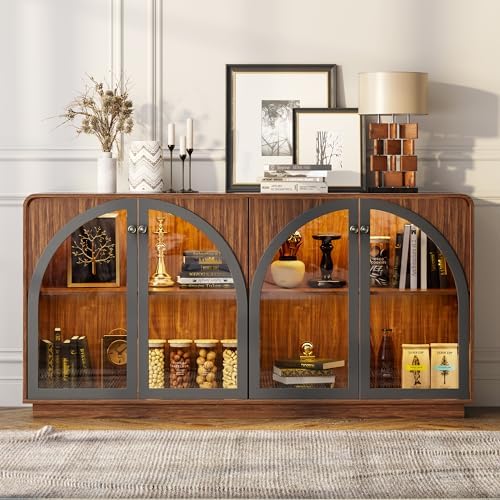 Sideboard Buffet Cabinet with Storage, 68" Walnut Credenza Accent Cabinet Buffet Table w/4 Arched Glass Doors & LED Light, Modern Coffee Bar Liquor Cabinet w/2 Shelves for Kitchen Entryway