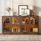 Sideboard Buffet Cabinet with Storage, 68" Walnut Credenza Accent Cabinet Buffet Table w/4 Arched Glass Doors & LED Light, Modern Coffee Bar Liquor Cabinet w/2 Shelves for Kitchen Entryway
