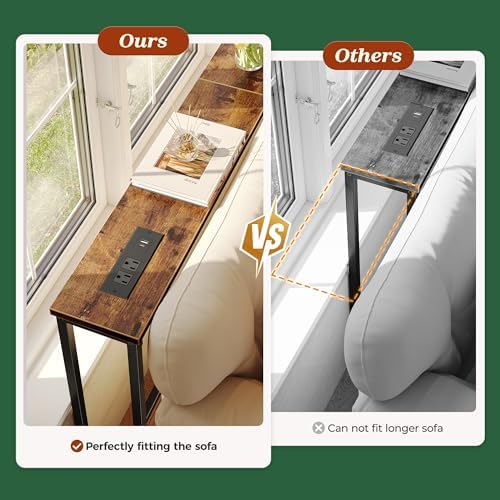 SUPERJARE 102.4 inch Narrow Behind Couch Table with Charging Stations | Power Outlet with USB-C Ports, Extra Storage Behind Sofa,Sofa Table Console Table for Entryway Living room, Rustic Brown
