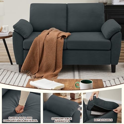 Convertible Sectional Sofa Set, 79" Modern L Shaped Couch and 57" Loveseat, Linen Upholstered 3 Seat Sofa with Storage Ottoman, Couches for Living Room, Apartment, Dark Grey