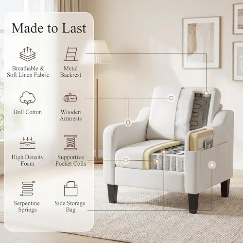Accent Chairs Set of 2 for Living Room, Mid-Century Upholstered Armchair with Foldable Table & 2 Side Pockets, Modern Linen Wooden Sofa Chair for Bedroom & Reading Room, Beige
