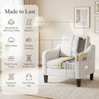 Accent Chairs Set of 2 for Living Room, Mid-Century Upholstered Armchair with Foldable Table & 2 Side Pockets, Modern Linen Wooden Sofa Chair for Bedroom & Reading Room, Beige