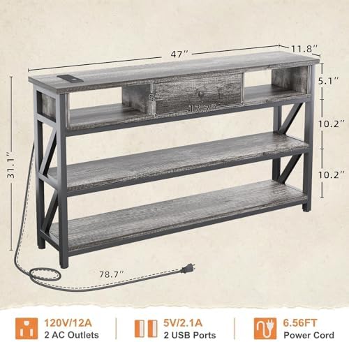 Mexin Console Table with Outlets and USB Ports, Entryway Table with Drawer Storage Shelves, Industrial Wood Hallway Sofa Table for Living Room, Couch, Foyer Table, 47 Inch Grey Oak