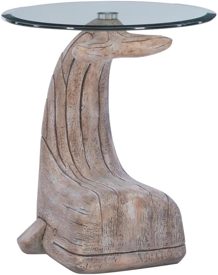 MAKLAINE Whale Sculptured Accent Table, 23 in Tall, Resin Base with Driftwood Finish, 20 in Beveled Glass Top, Rustic Side Table for Living Room or Bedroom Decor