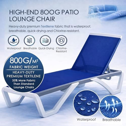 Kozyard Outdoor Chaise Lounge Chair, Full Flat Adjustable Patio Lounger with Aluminum Frame & Resin Legs, Textilene Fabric for Poolside, Backyard & Beach (Blue, Chair + Table)