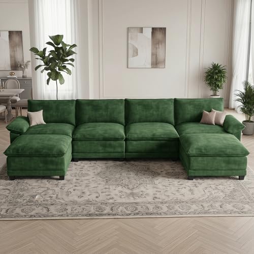 140" Modular Sectional Couch, U Shaped Cloud Sofa for Living Room | Comfortable Foam Cushions, Sturdy Frame, Appealing Appearance, Easy Assembly, Soft Chenille, Modular Design, Green