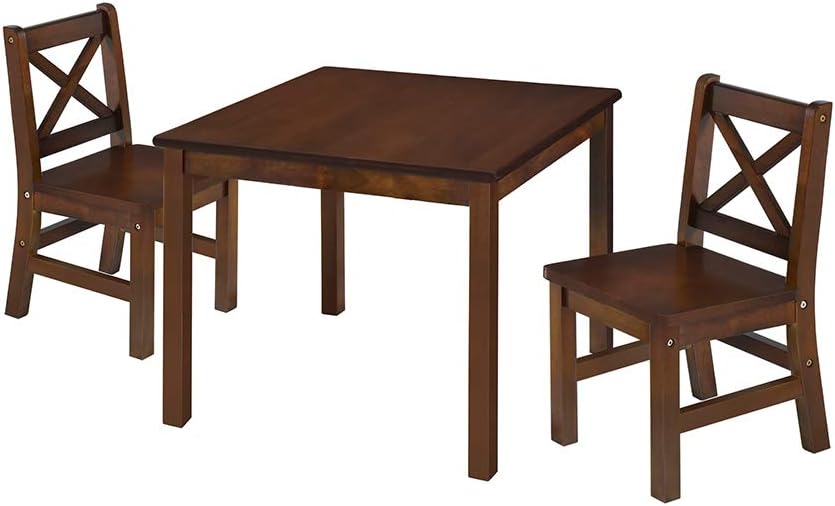 eHemco Solid Hard Wood Kids Table and Chair Set, Coffee, 3 Piece | 2 Chairs Included, Rubberwood