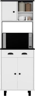 Modern Farmhouse Kitchen Pantry - White/Black Storage Cabinet with 3 Doors & Drawers | Space-Saving for Small Kitchens