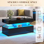 LUXOAK 3-Piece Modern Coffee Table Set with LED Lights | High-Gloss Finish, Coffee Table with Storage, 2 End Tables with Charging Stations, Living Room & Office Use, Black