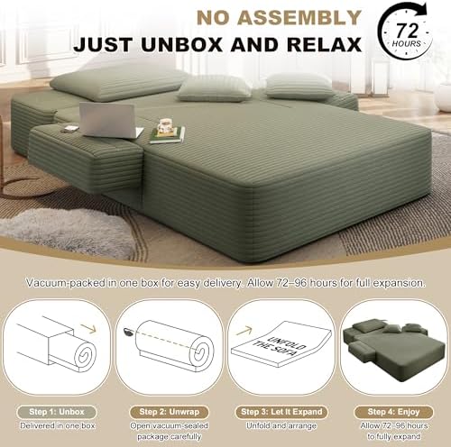 60.2" Oversized Chaise Lounge Chair, Corduroy Cloud Couch, Deep Seat Convertible Sofa Bed with 3 Pillows, Wide Armrests, Side Pocket, No Assembly (Green)