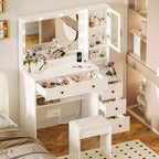 35.4” Makeup Vanity Desk with Charging Station, White Makeup Dressing Table with Mirror & Lights, 3 Lighting Modes Adjustable Brightness, Vanity Table with Power Outlet & 5 Drawers Round Handle
