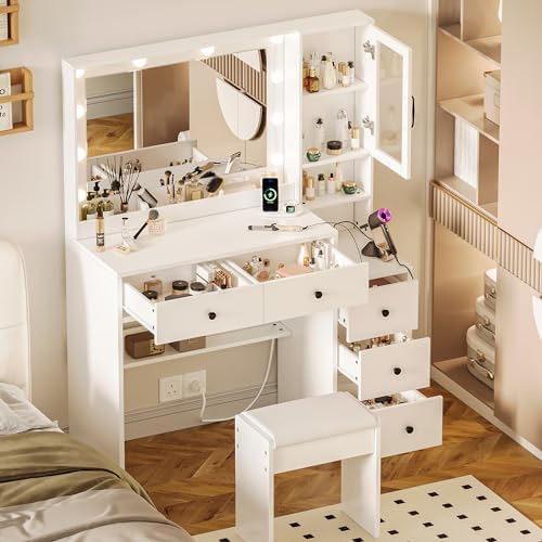 35.4” Makeup Vanity Desk with Charging Station, White Makeup Dressing Table with Mirror & Lights, 3 Lighting Modes Adjustable Brightness, Vanity Table with Power Outlet & 5 Drawers Round Handle