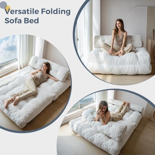 MAXYOYO Folding Sofa Bed, Convertible Chair Bed with Pillow | Foldable Couch with Back Support, Portable Fold Out Chair Comfy Floor Sofa for Living Room Bedroom, Beige, Double