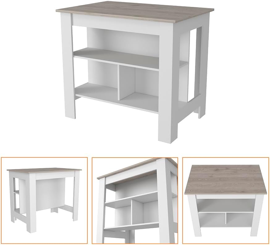Kitchen Island with Three Shelves Light Gray/White Finish | Tabletop with silver nanoparticles protective film for hygiene