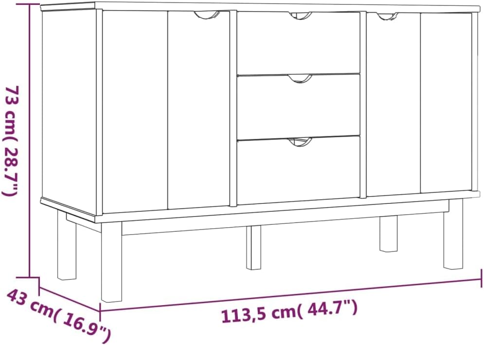 Scandinavian Sideboard Solid Pine Wood Engineered Wood Medium Large Brown 4 Pieces with 3 Drawers 2 Doors for Living Room Dining Area Storage