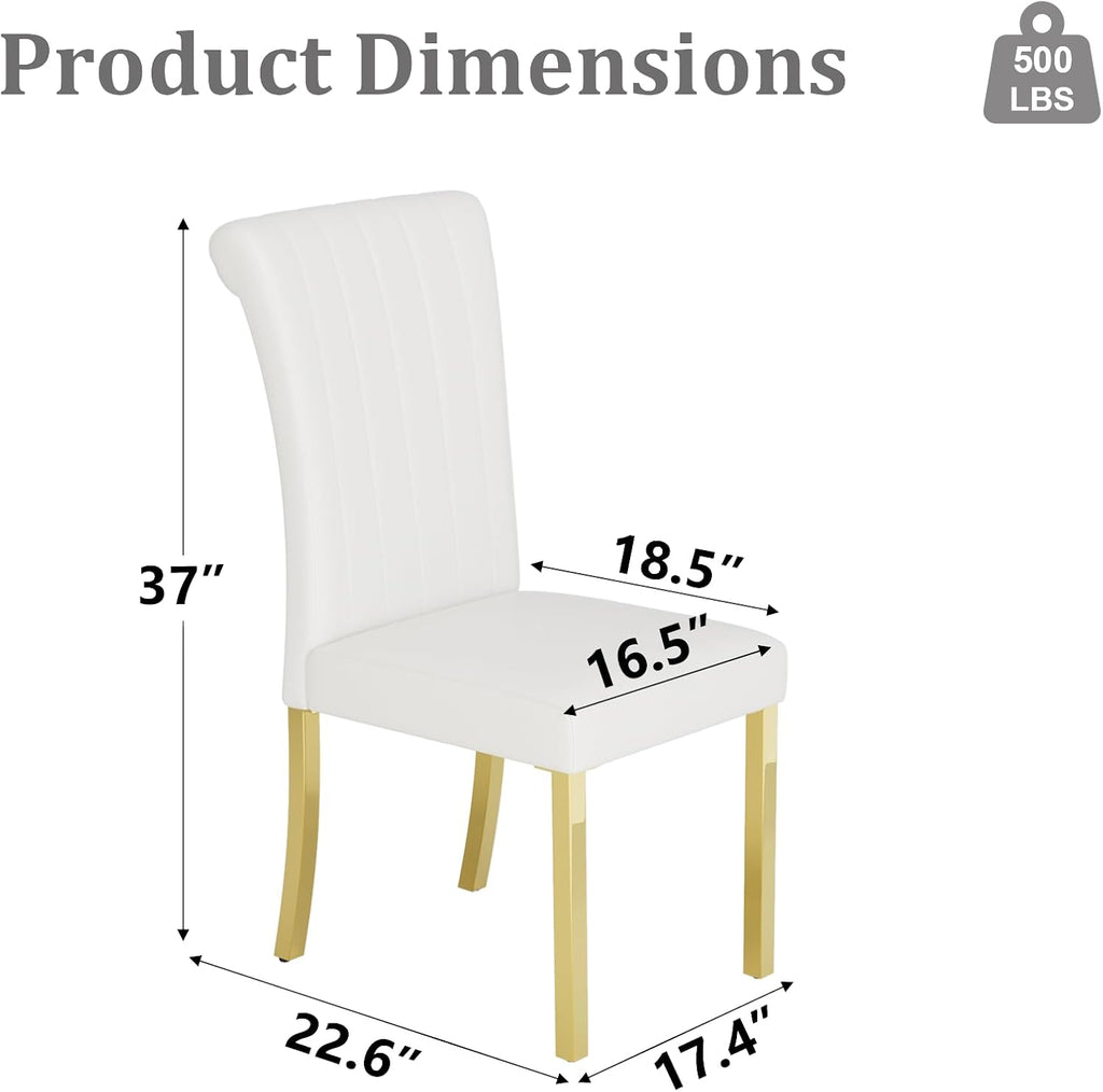 ACEDÉCOR Modern Dining Chairs Set of 2, White Leather Dining Room Chairs with Gold Stainless Steel Legs, Upholstered Chairs with High Back and Metal Legs for Kitchen/Living Room/Restaurant
