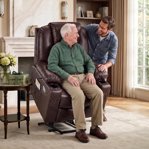 MCombo Power Lift Recliner Chair for Elderly, Heat and Massage 7040(Medium) | FSC Certified, Multiple Sizes, USB&Type C Charging Port, Cup Holders, Side Pockets, Dark Brown Faux Leather