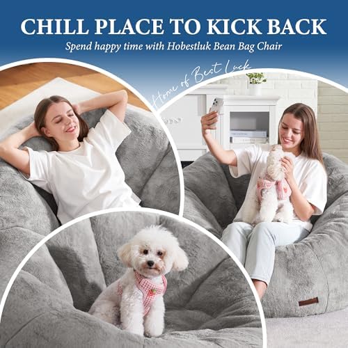 Hobestluk Large Beanbag Chairs for Adults Donut-Shaped Plush Sofa Couch | Grey, Oversized Bean Bag Chair with Faux Fur Cover Foam Filling Cozy Lounger for Bedroom Living Room Reading