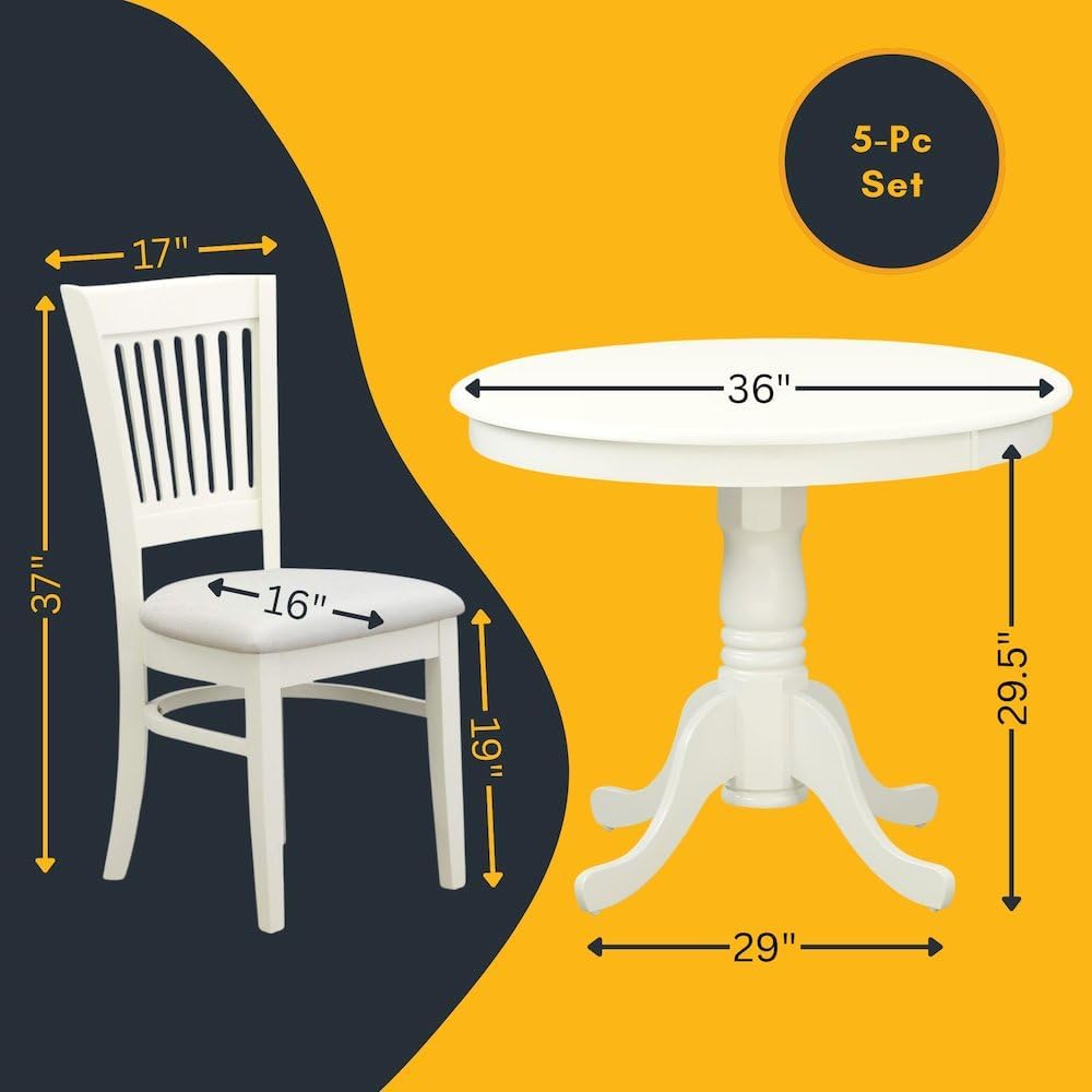 Furnifact White Solid Wood 5 Pc Dining Room Set, Breakfast Nook Table with Slatted Chairs, Kitchen Table and Chairs for 4, Compact Seating Option