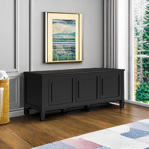 SIMPLIHOME Connaught 51" Wide Solid Wood Trunk Bench in Black | Traditional entryway bench with lift-up lid and 3 hidden compartments; mudroom, hallway, shoe or trunk bench.