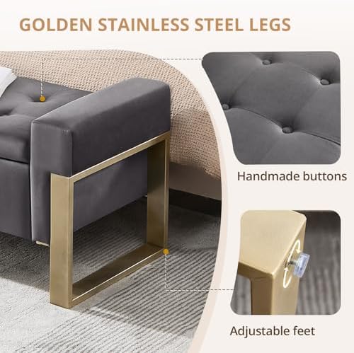 End of Bed Storage Bench, 67'' Benches for Bedroom Foot of Bed King Size, Upholstered Velvet Tufted Storage Ottoman Bench with Gold Legs for Window Living Room Entryway, Grey