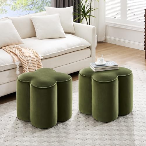 Zesthouse Flower Pouf Ottoman Foot Rest, Velvet Fabric Poofy Ottoman Stool | Large Ottoman Footstool for Couch, Modern Living Room Stool Seat, Cute Square Vanity Stool for Bedroom Dorm Green Footstool
