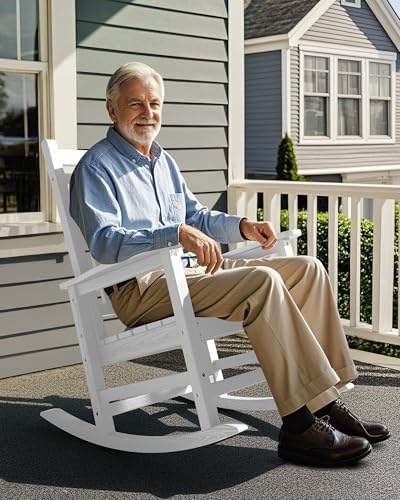 SERWALL Outdoor Rocking Chair Set of 2, Adult HDPE Rocking Chair, White | 21.1" Widened Seat adds Extra Comfort, Oversized Rocking Chair for Adults, All Weather Porch Rocker for Lawn Garden